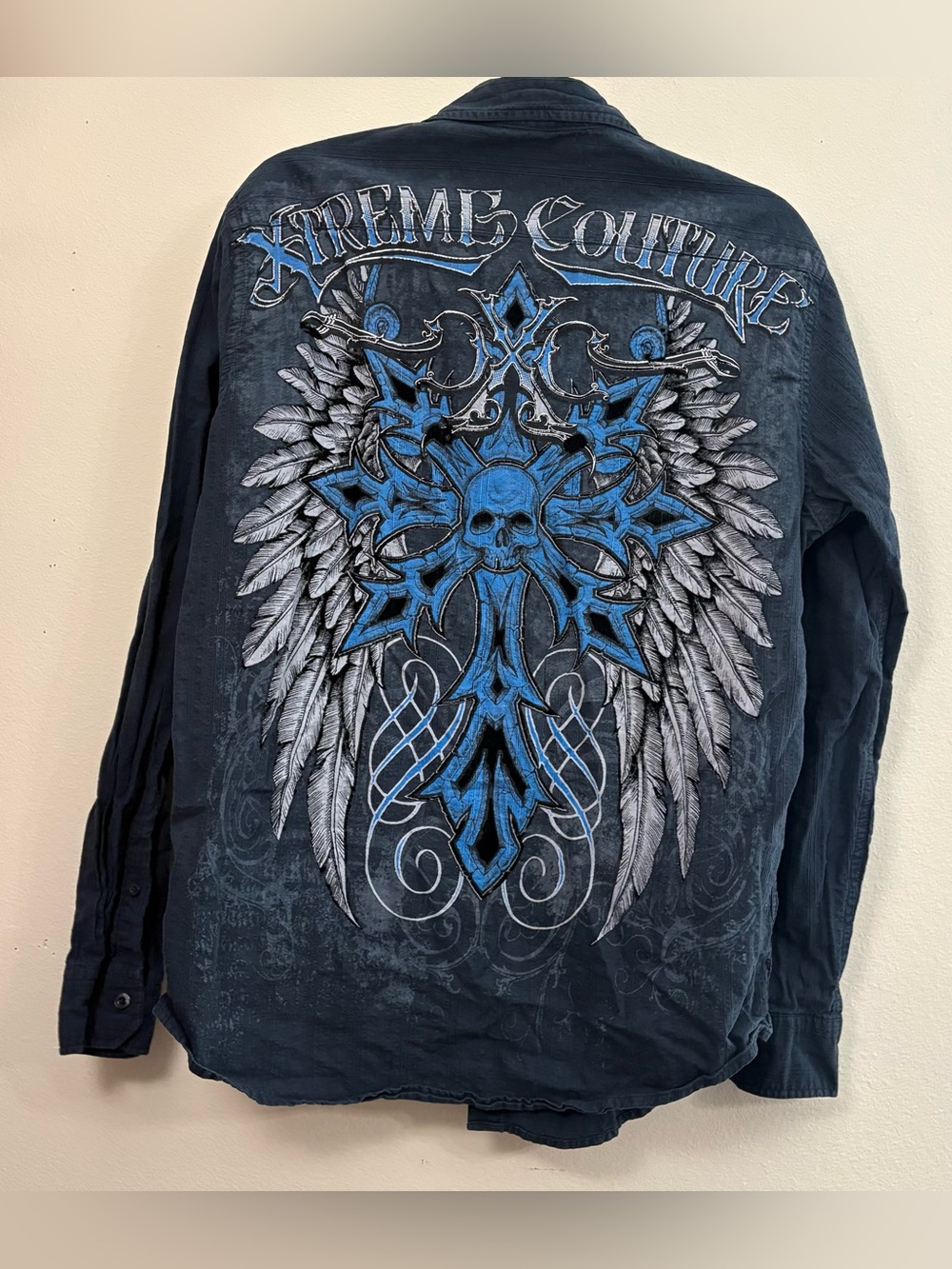 XTREME COUTURE Button Up Shirt men’s L blue black gothic cross skull grunge rock